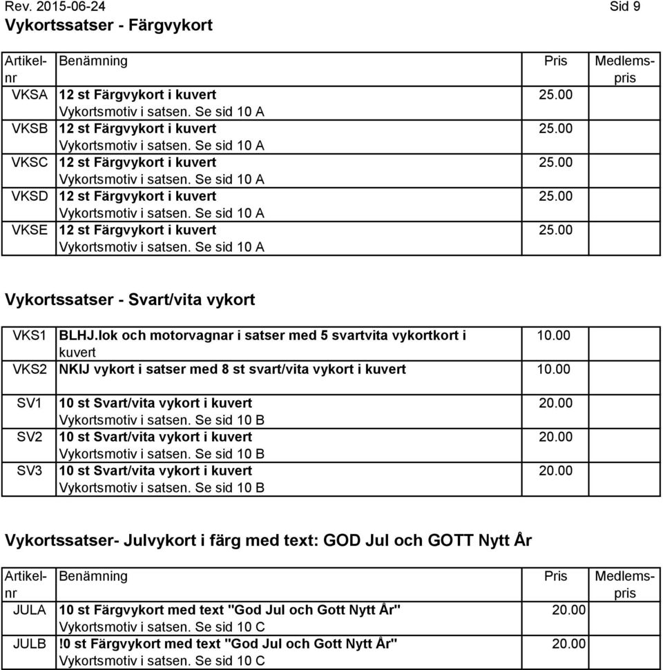 lok och motorvagnar i satser med 5 svartvita vykortkort i 10.00 kuvert VKS2 NKIJ vykort i satser med 8 st svart/vita vykort i kuvert 10.00 SV1 10 st Svart/vita vykort i kuvert 20.