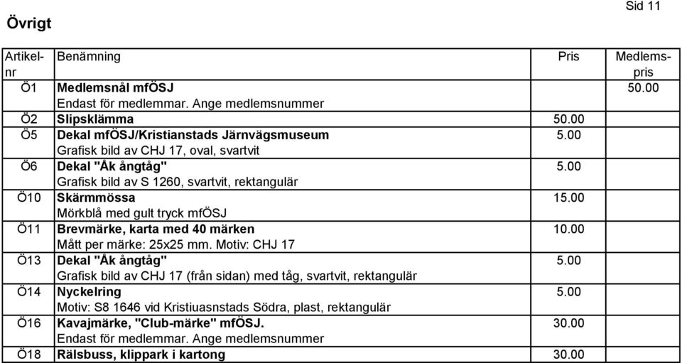 00 Mörkblå med gult tryck mfösj Ö11 Brevmärke, karta med 40 märken 10.00 Mått per märke: 25x25 mm. Motiv: CHJ 17 Ö13 Dekal "Åk ångtåg" 5.