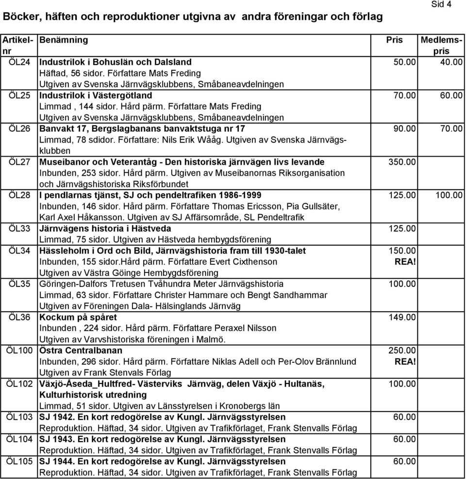 Författare Mats Freding Utgiven av Svenska Järnvägsklubbens, Småbaneavdelningen ÖL26 Banvakt 17, Bergslagbanans banvaktstuga nr 17 90.00 70.00 Limmad, 78 sdidor. Författare: Nils Erik Wååg.