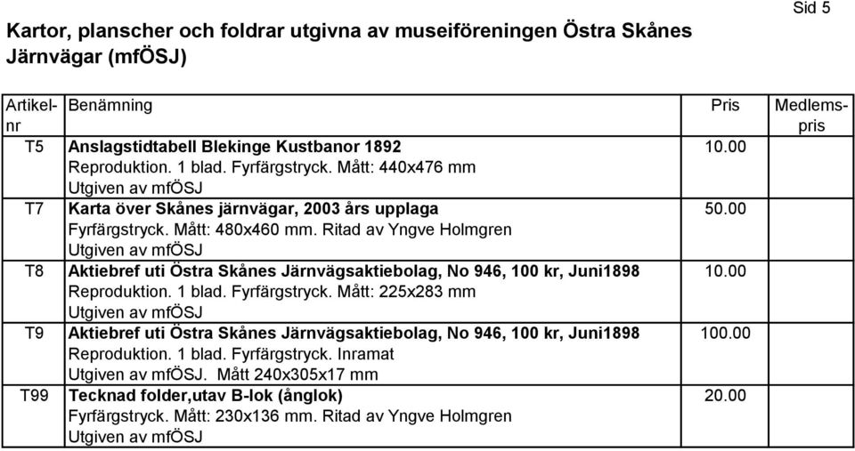 Ritad av Yngve Holmgren Utgiven av mfösj T8 Aktiebref uti Östra Skånes Järnvägsaktiebolag, No 946, 100 kr, Juni1898 10.00 Reproduktion. 1 blad. Fyrfärgstryck.
