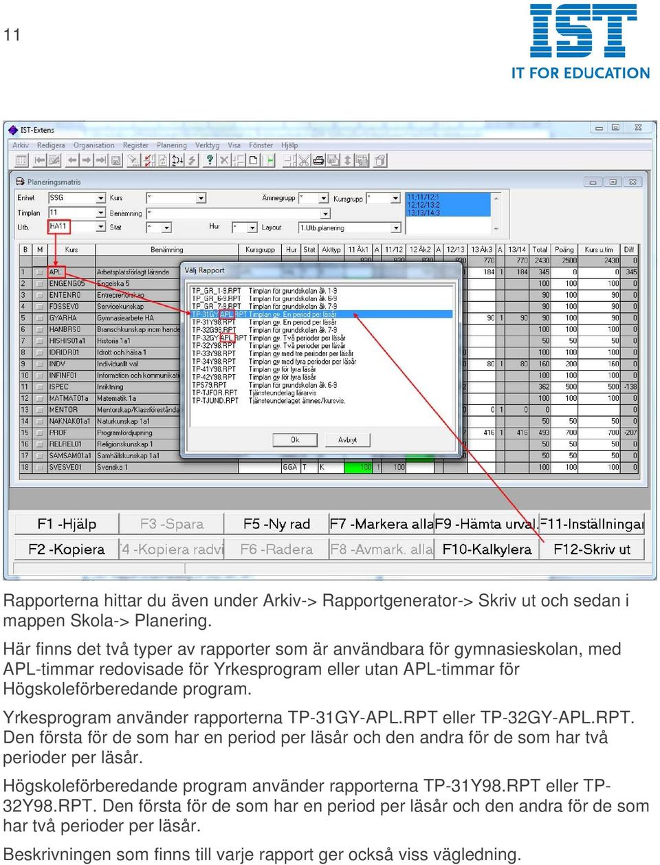 Yrkesprogram använder rapporterna TP-31GY-APL.RPT eller TP-32GY-APL.RPT. Den första för de som har en period per läsår och den andra för de som har två perioder per läsår.