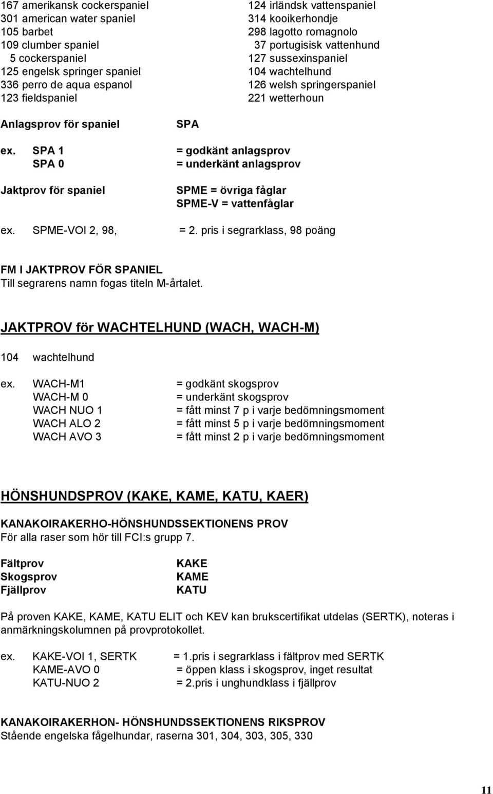 SPA 1 = godkänt anlagsprov SPA 0 = underkänt anlagsprov Jaktprov för spaniel SPME = övriga fåglar SPME-V = vattenfåglar ex. SPME-VOI 2, 98, = 2.