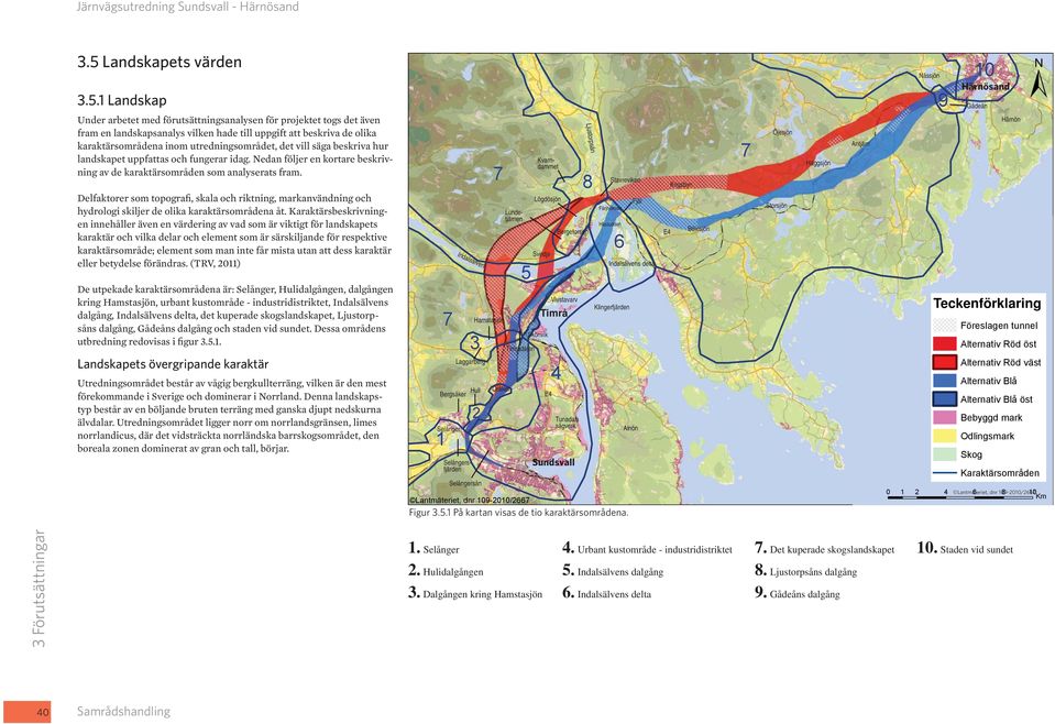 Delfaktorer som topografi, skala och riktning, markanvändning och hydrologi skiljer de olika karaktärsområdena åt.