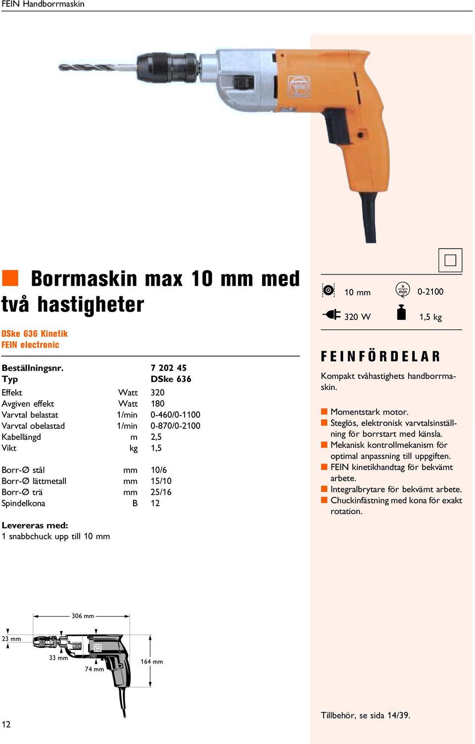 0-870/0-2100 Kabellängd m 2,5 Vikt kg 1,5 Borr-Ø stål mm 10/6 Borr-Ø lättmetall mm 15/10 Borr-Ø trä mm 25/16 Spindelkona B 12 Levereras med: 1 snabbchuck upp till 10 mm L 10 mm I 320 W K 0-2100 F 1,5