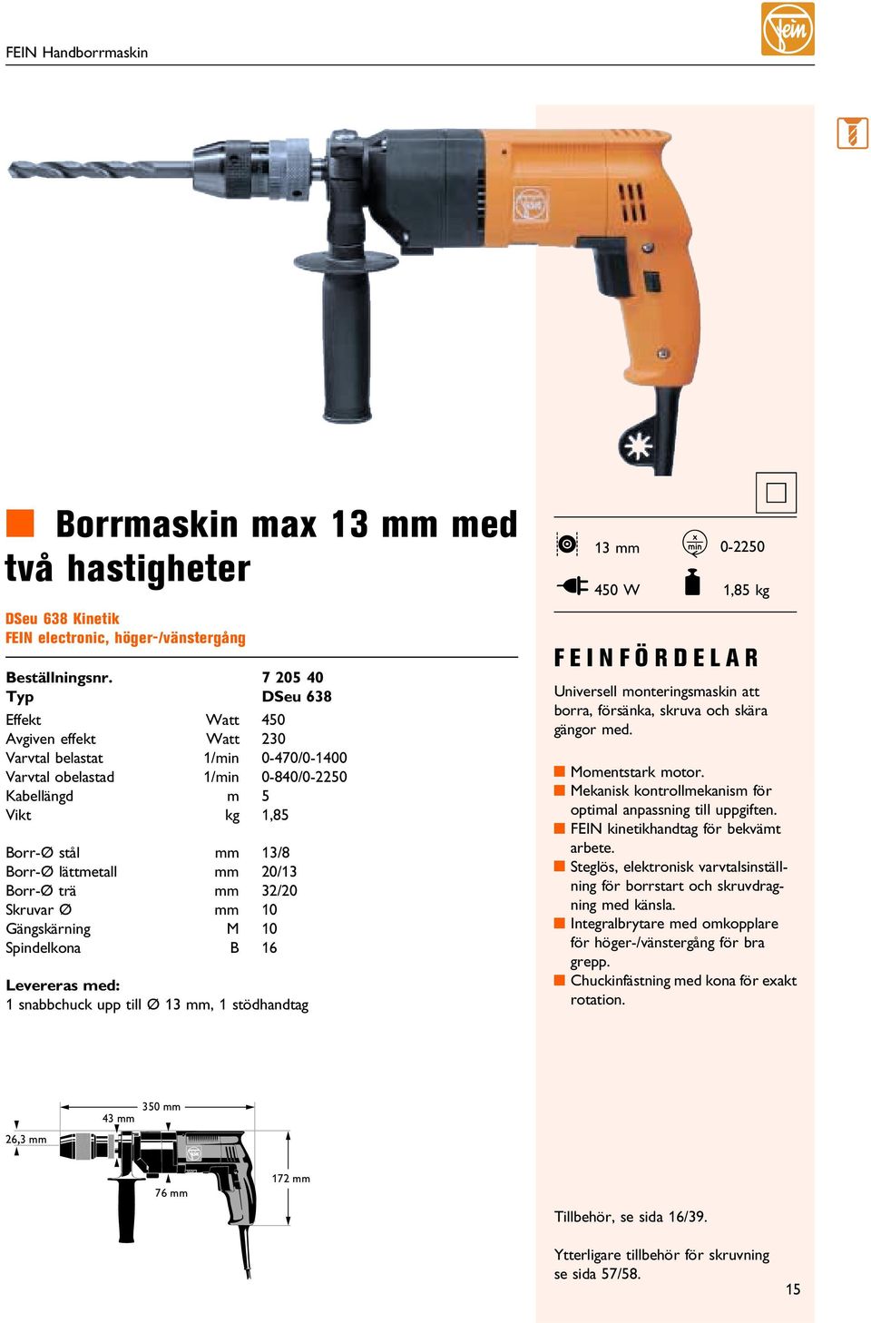 obelastad 1/min 0-840/0-2250 Kabellängd m 5 Vikt kg 1,85 Borr-Ø stål mm 13/8 Borr-Ø lättmetall mm 20/13 Borr-Ø trä mm 32/20 Skruvar Ø mm 10 Gängskärning M 10 Spindelkona B 16 Levereras med: 1