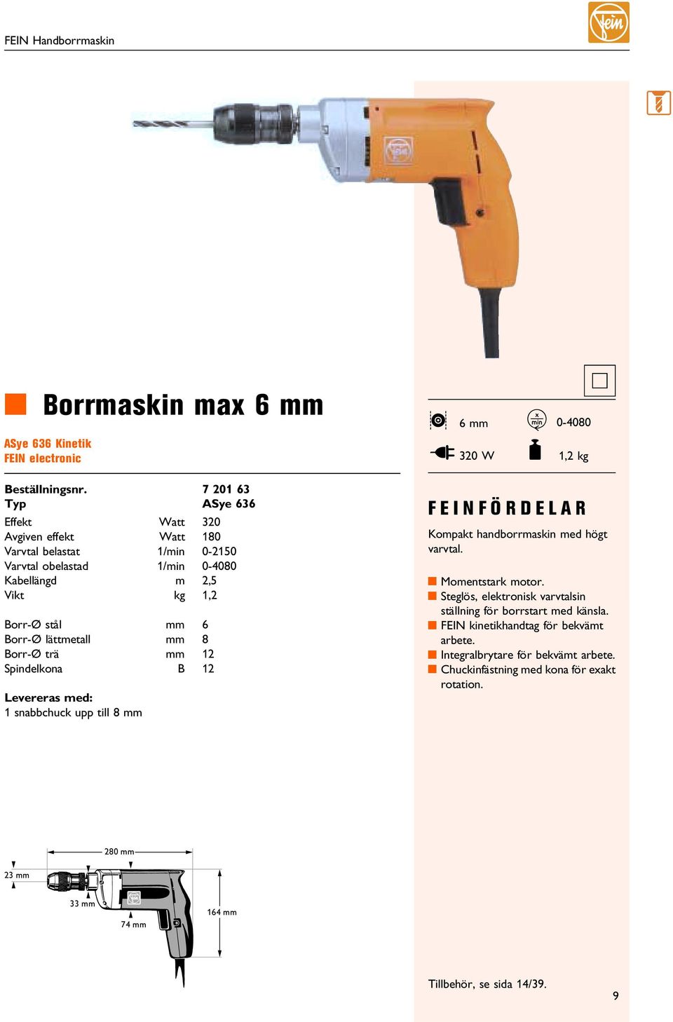 0-2150 Varvtal obelastad 1/min 0-4080 Kabellängd m 2,5 Vikt kg 1,2 Borr-Ø stål mm 6 Borr-Ø lättmetall mm 8 Borr-Ø trä mm 12 Spindelkona B 12 Levereras med: 1 snabbchuck upp