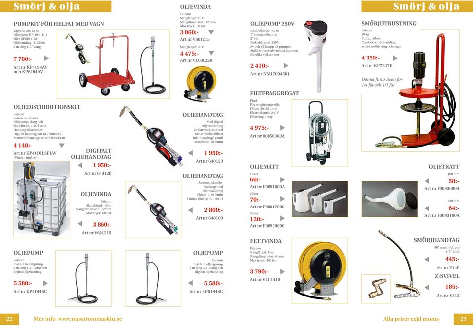 pumpen för olika viskositeter 2 410:- NM17004501 SMÖRJUTRUSTNING 20 kg Pump, fatlock följelock, smörjhandtag, svivel, smörjslang och vagn 4 350:- KP7247E Denna finns även för 1/4 fat och 1/1 fat