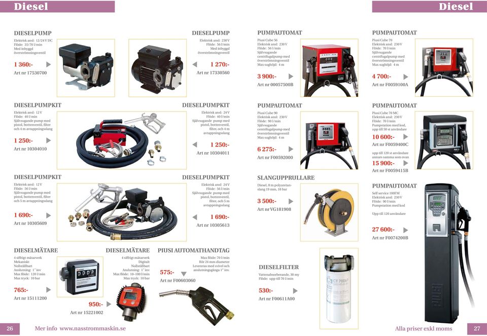 sughöjd: 4 m 17530700 17330560 3 900:- 4 700:- 00057500B F0059100A DIESELPUMPKIT DIESELPUMPKIT PUMPAUTOMAT PUMPAUTOMAT Elektrisk ansl: 12 V Flöde: 40 l/min Självsugande pump med pistol, bottenventil,