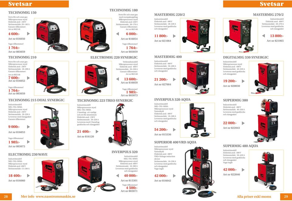 1 764:- 803059 TECHNOMIG 215 DUAL SYNERGIC MIG-TIG-MMA Strömområde: 20-220 A Levereras med slangpaket Gassats tillkommer 9 000:- 816053 Vagn tillkommer!