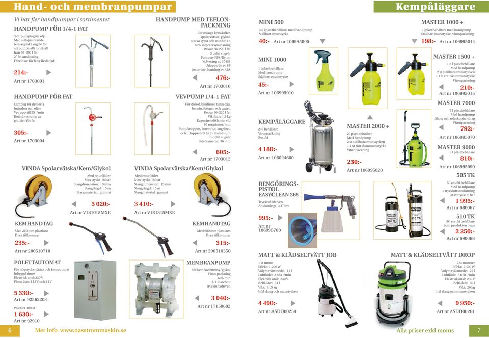 Spolarvätska/Kem/Glykol KEMHANDTAG Med 210 mm plastlans Dysa tillkommer Max tryck: 18 bar Slangdimension: 10 mm Slangmaterial: gummi 3 020:- V181015MXE HANDPUMP MED TEFLON- PACKNING För många