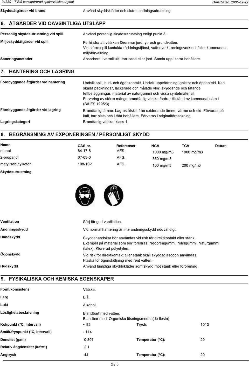 Vid större spill kontakta räddningstjänst, vattenverk, reningsverk och/eller kommunens miljöförvaltning. Absorbera i vermikulit, torr sand eller jord. Samla upp i torra behållare. 7.
