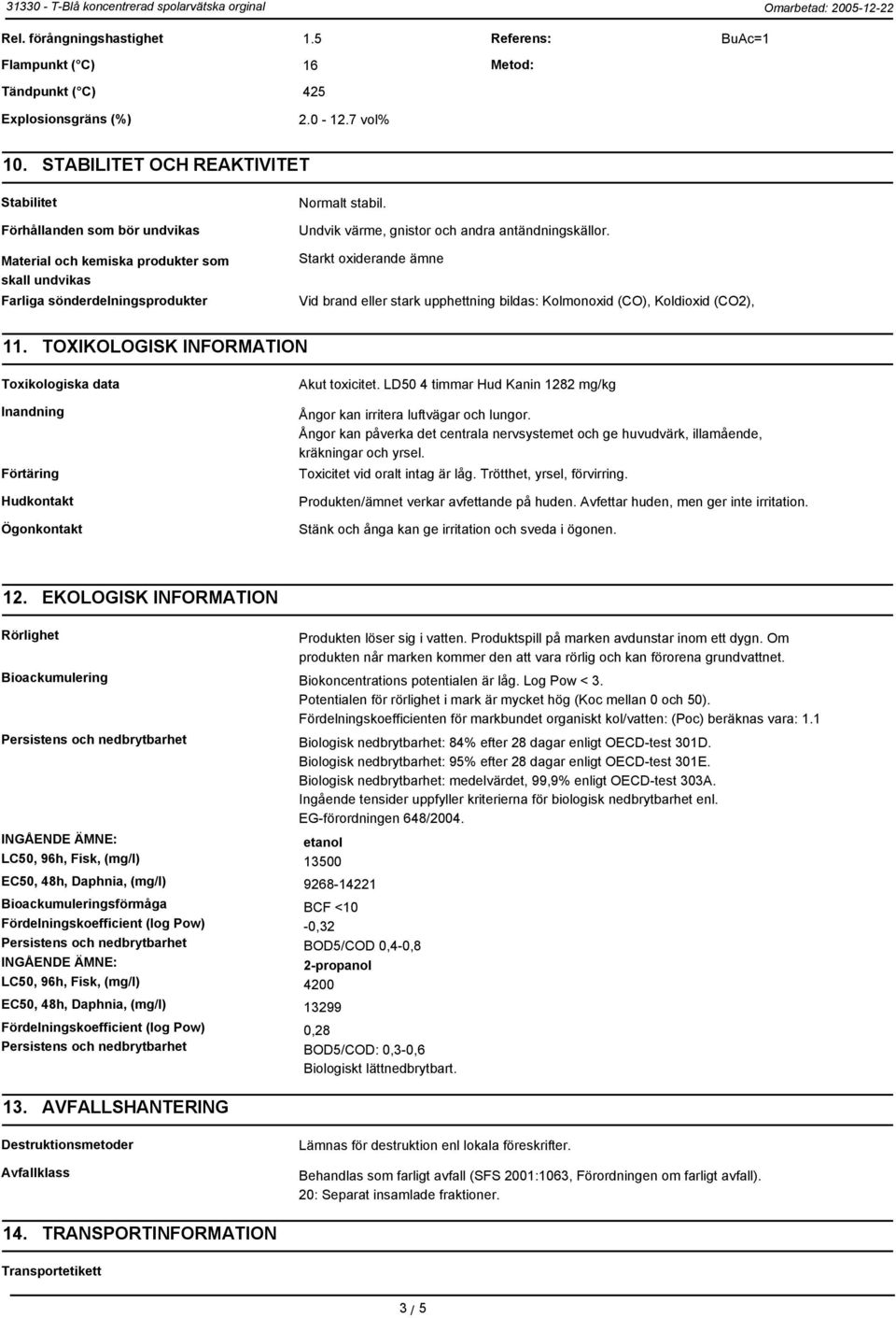 Undvik värme, gnistor och andra antändningskällor. Starkt oxiderande ämne Vid brand eller stark upphettning bildas: Kolmonoxid (CO), Koldioxid (CO2), 11.