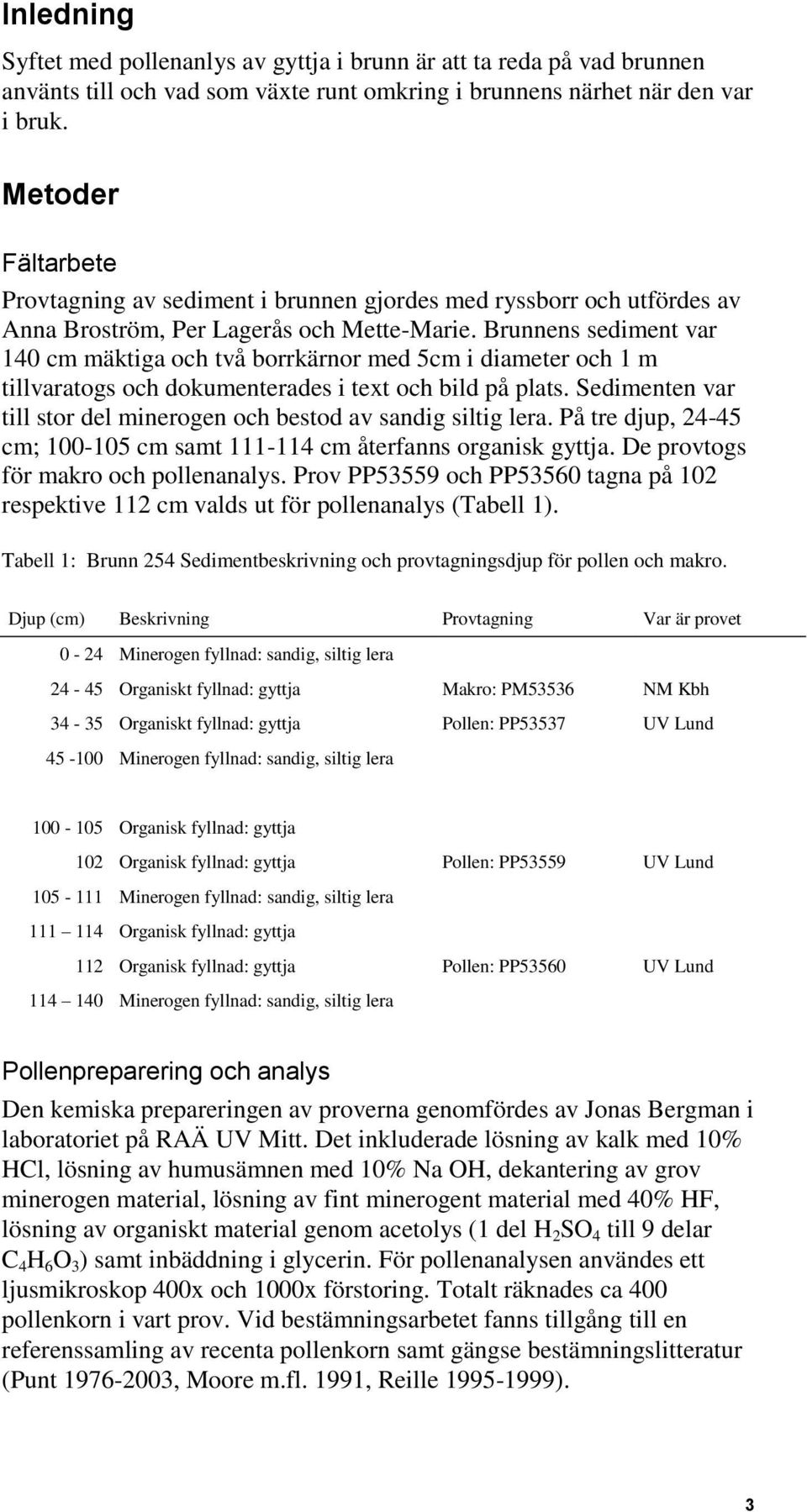 Brunnens sediment var 140 cm mäktiga och två borrkärnor med 5cm i diameter och 1 m tillvaratogs och dokumenterades i text och bild på plats.