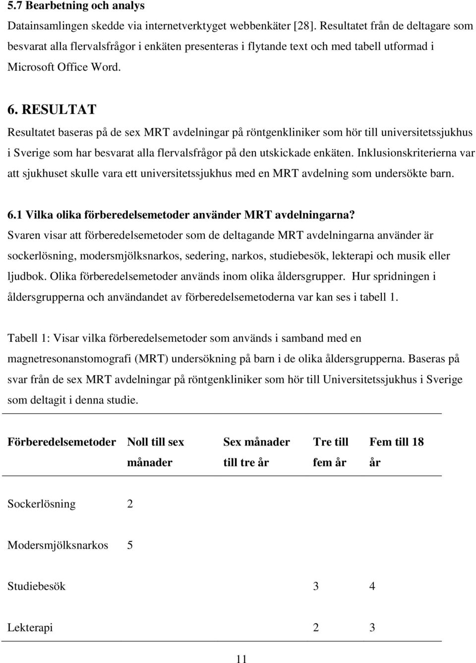 RESULTAT Resultatet baseras på de sex MRT avdelningar på röntgenkliniker som hör till universitetssjukhus i Sverige som har besvarat alla flervalsfrågor på den utskickade enkäten.