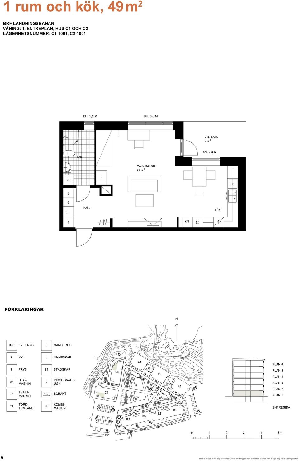 0,6 M FÖRKLARINGAR N KYL/FRYS GARDEROB KYL FRYS DISK- TVÄTT- LINNESKÅP STÄDSKÅP INBYGGNADS- UGN SCHAKT C1 C2 A1 A2 A3 PLAN 6