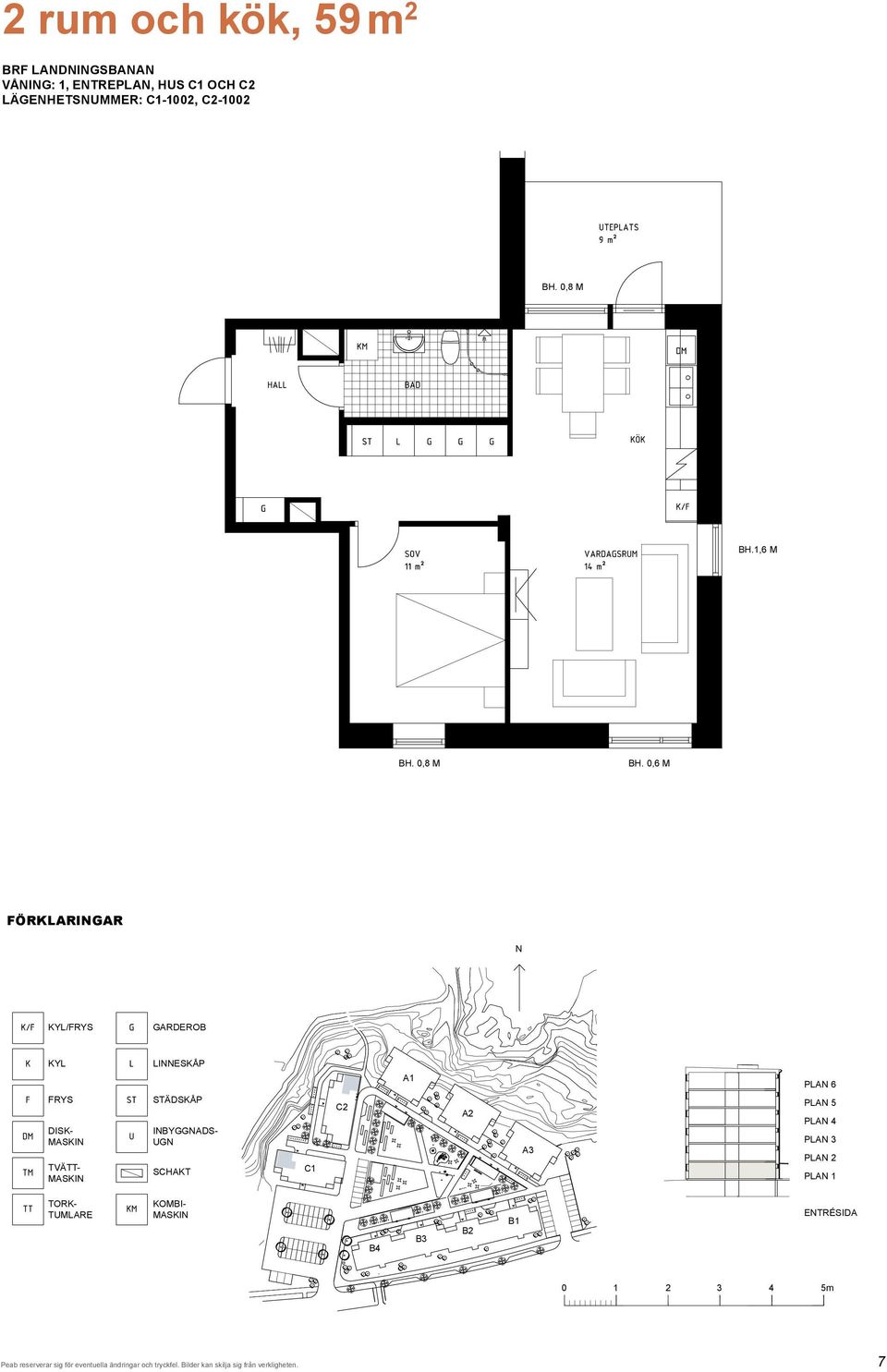 0,6 M FÖRKLARINGAR N KYL/FRYS GARDEROB KYL FRYS DISK- TVÄTT- LINNESKÅP STÄDSKÅP INBYGGNADS- UGN SCHAKT C1 C2 A1 A2 A3 PLAN 6
