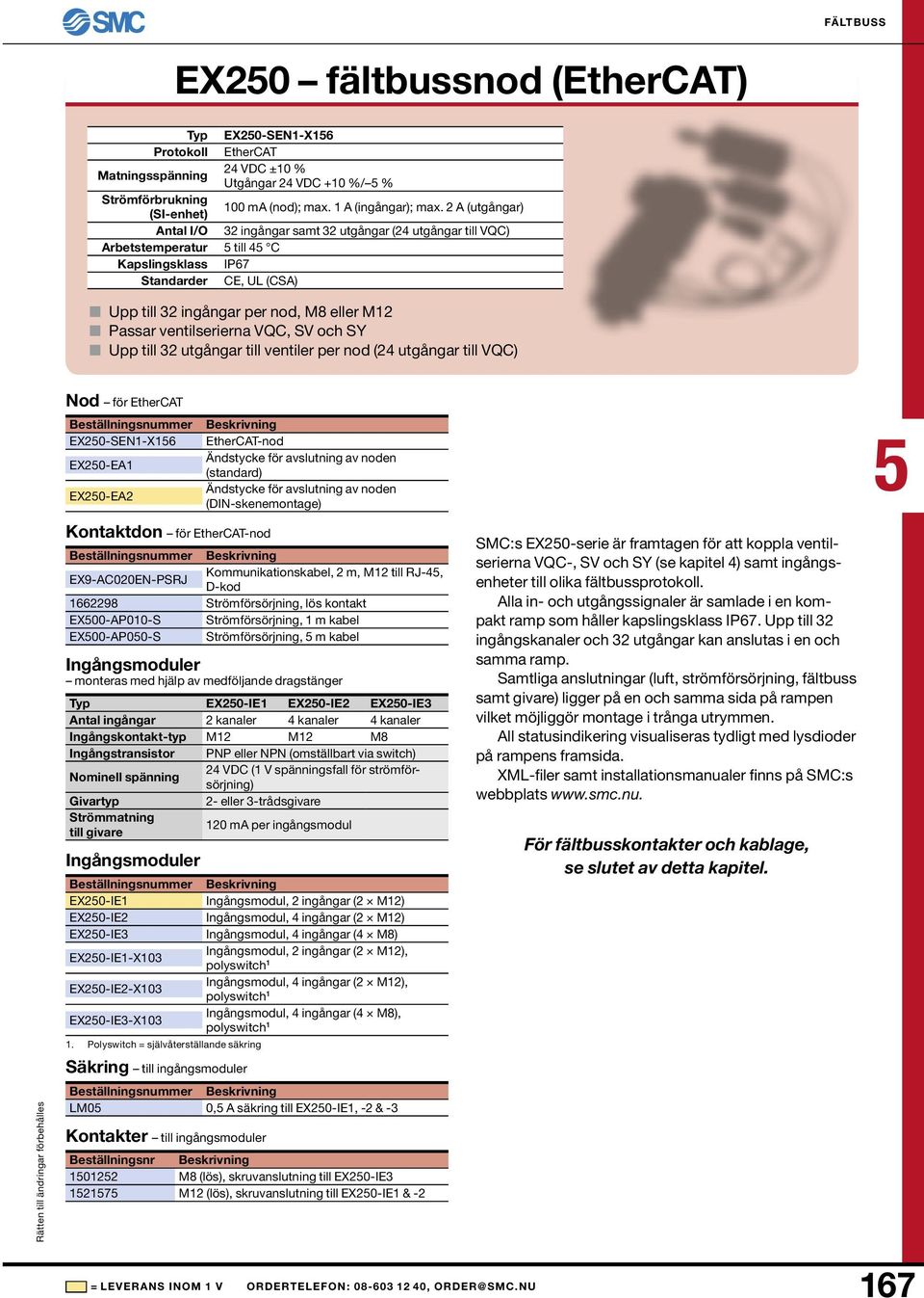 ventilserierna VQC, SV och SY Upp till 32 utgångar till ventiler per nod (24 utgångar till VQC) Nod för EtherCAT EX20-SEN1-X16 EX20-EA1 EX20-EA2 EtherCAT-nod Ändstycke för avslutning av noden