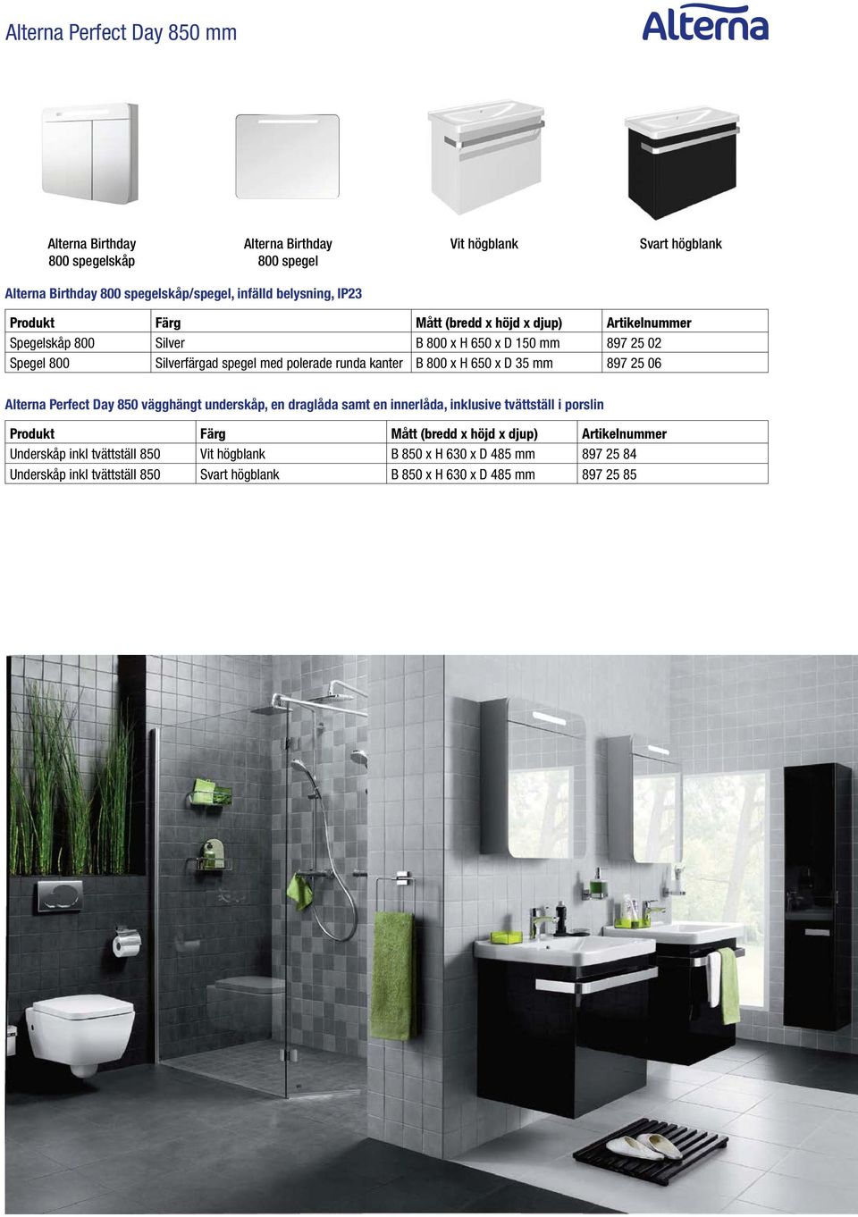 runda kanter B 800 x H 650 x D 35 mm 897 25 06 Alterna Perfect Day 850 vägghängt underskåp, en draglåda samt en innerlåda, inklusive tvättställ i