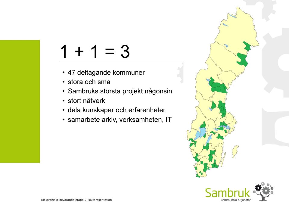 1 + 1 = 3 Checklista Juridiska förutsättningar och konsekvenser Gemensamt elektroniskt 47 deltagande arkiv kommuner Definition mellanarkiv stora och små I projektet ingick inte upphandling Sambruks