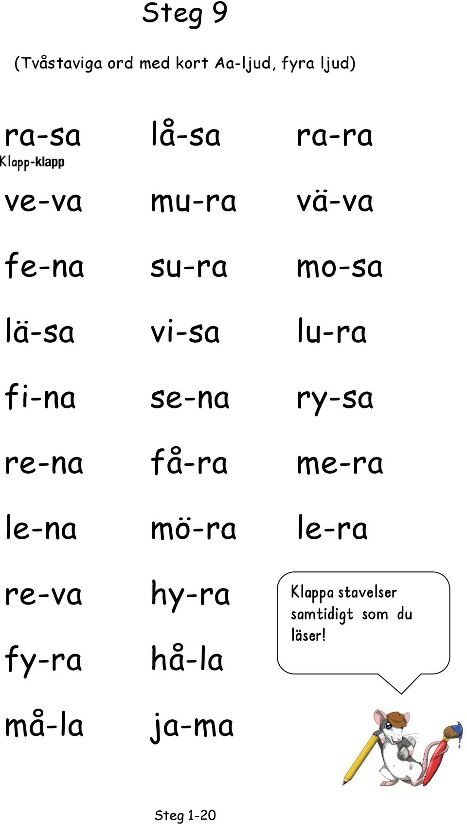 lu-ra fi-na se-na ry-sa re-na få-ra me-ra le-na mö-ra le-ra re-va