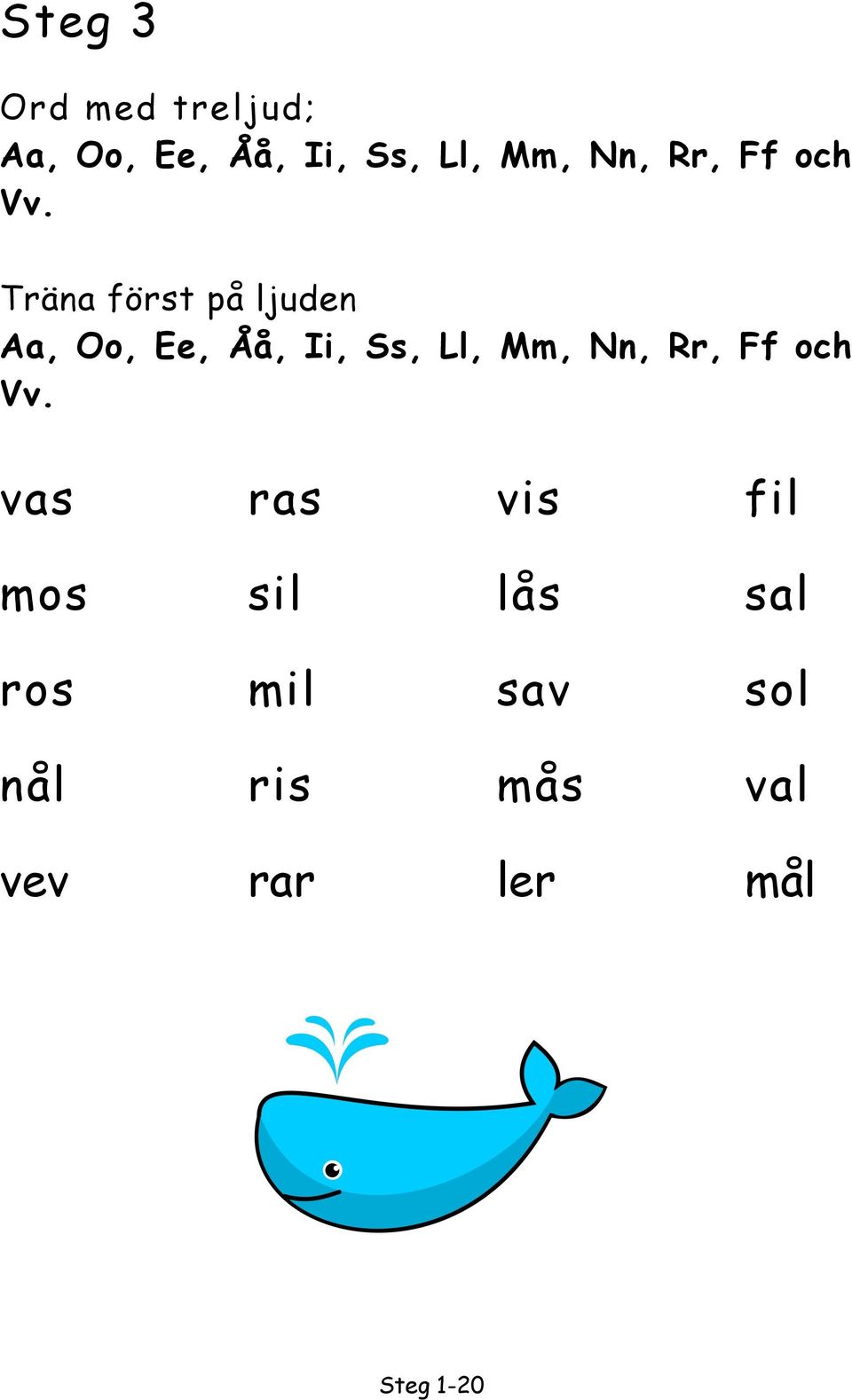 Träna först på ljuden Aa, Oo, Ee, Åå, Ii, Ss, Ll, Mm, 