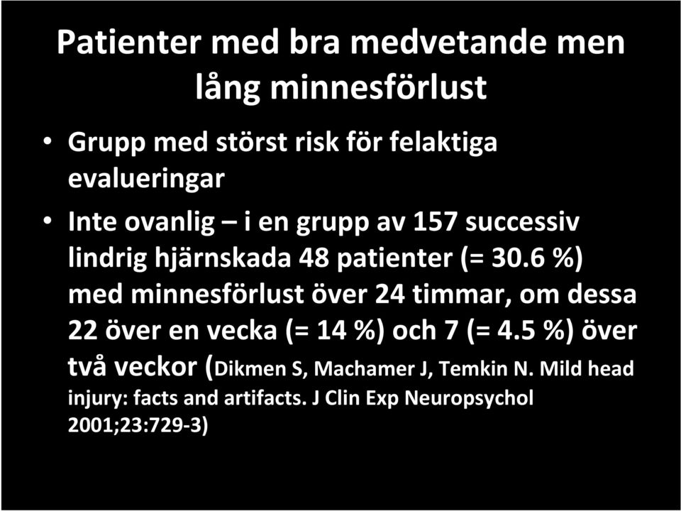 6 %) med minnesförlust över 24 timmar, om dessa 22 över en vecka (= 14 %) och 7 (= 4.