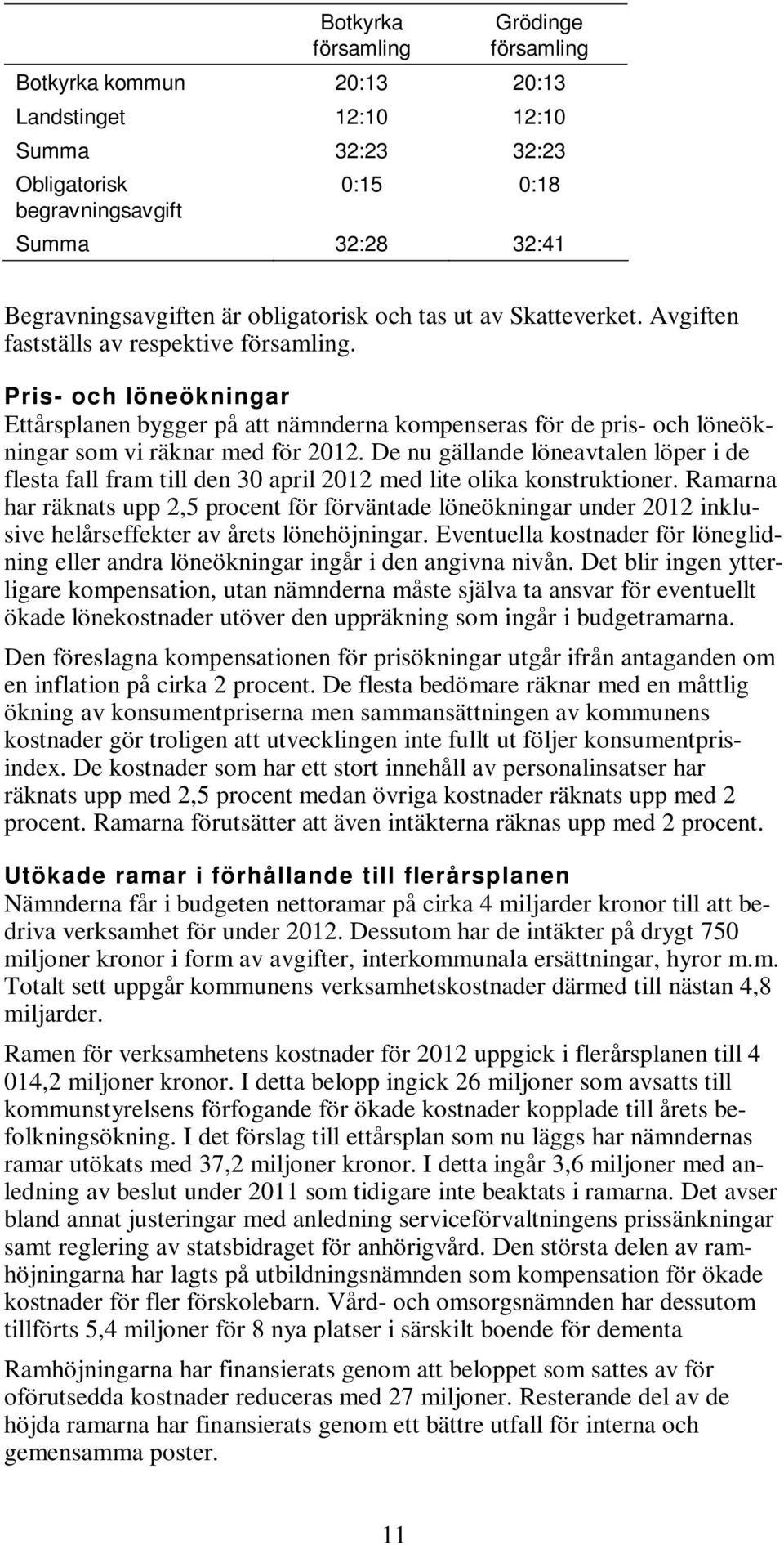 Pris- och löneökningar Ettårsplanen bygger på att nämnderna kompenseras för de pris- och löneökningar som vi räknar med för 2012.
