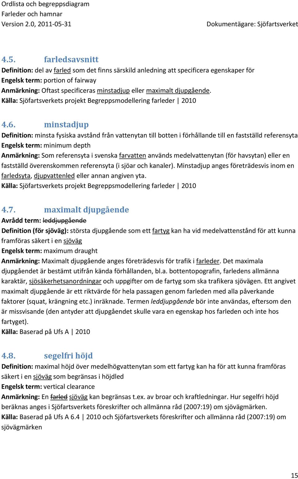 minstadjup Definition: minsta fysiska avstånd från vattenytan till botten i förhållande till en fastställd referensyta Engelsk term: minimum depth Anmärkning: Som referensyta i svenska farvatten