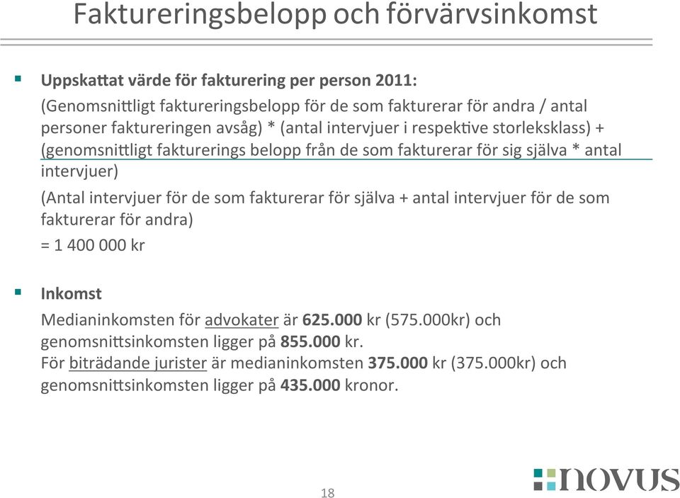 intervjuer) (Antal intervjuer för de som fakturerar för själva + antal intervjuer för de som fakturerar för andra) = 1 400 000 kr Inkomst Medianinkomsten för advokater
