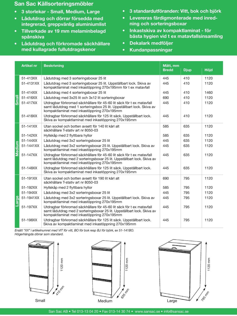 hygien vid t ex matavfallsinsamling Dekalark medföljer Kundanpassningar Small Medium Large Artikel nr Beskrivning Mått, mm Bredd Djup Höjd 51-413XX Lådutdrag med 3 sorteringsboxar 25 lit 445 410 1120