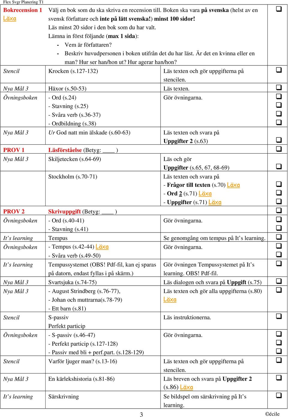 Hur ser han/hon ut? Hur agerar han/hon? Krocken (s.127-132) Läs texten och gör uppgifterna på Häxor (s.50-53) Läs texten. - Ord (s.24) - Stavning (s.25) - Svåra verb (s.36-37) - Ordbildning (s.