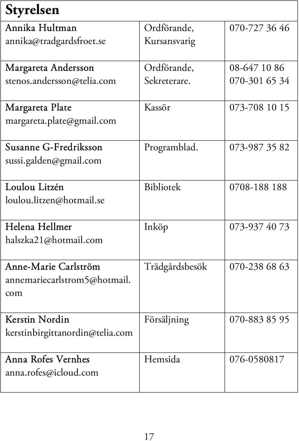 se Helena Hellmer halszka21@hotmail.com Anne-Marie Carlström annemariecarlstrom5@hotmail. com Kerstin Nordin kerstinbirgittanordin@telia.com Anna Rofes Vernhes anna.