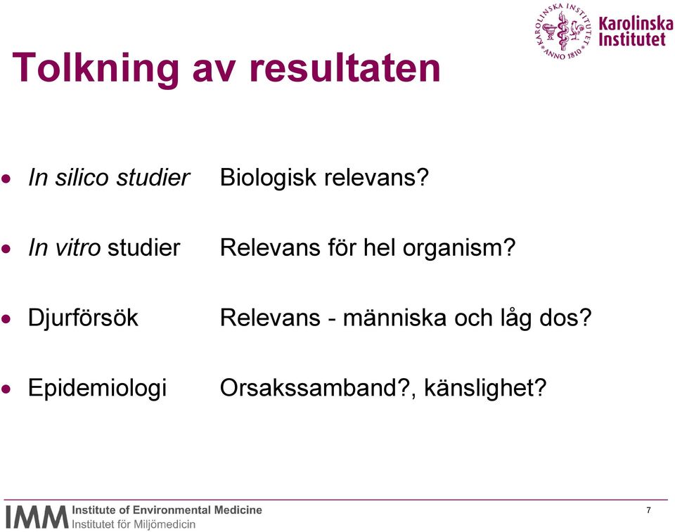 In vitro studier Relevans för hel organism?