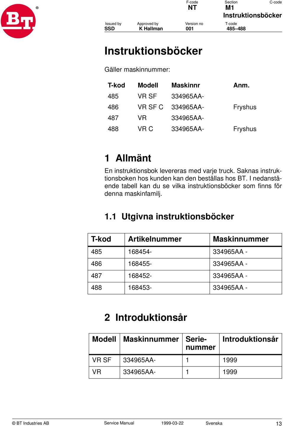 Saknas instruktionsboken hos kunden kan den beställas hos BT. I nedanstående tabell kan du se vilka instruktionsböcker som finns för denna maskinfamilj. 1.