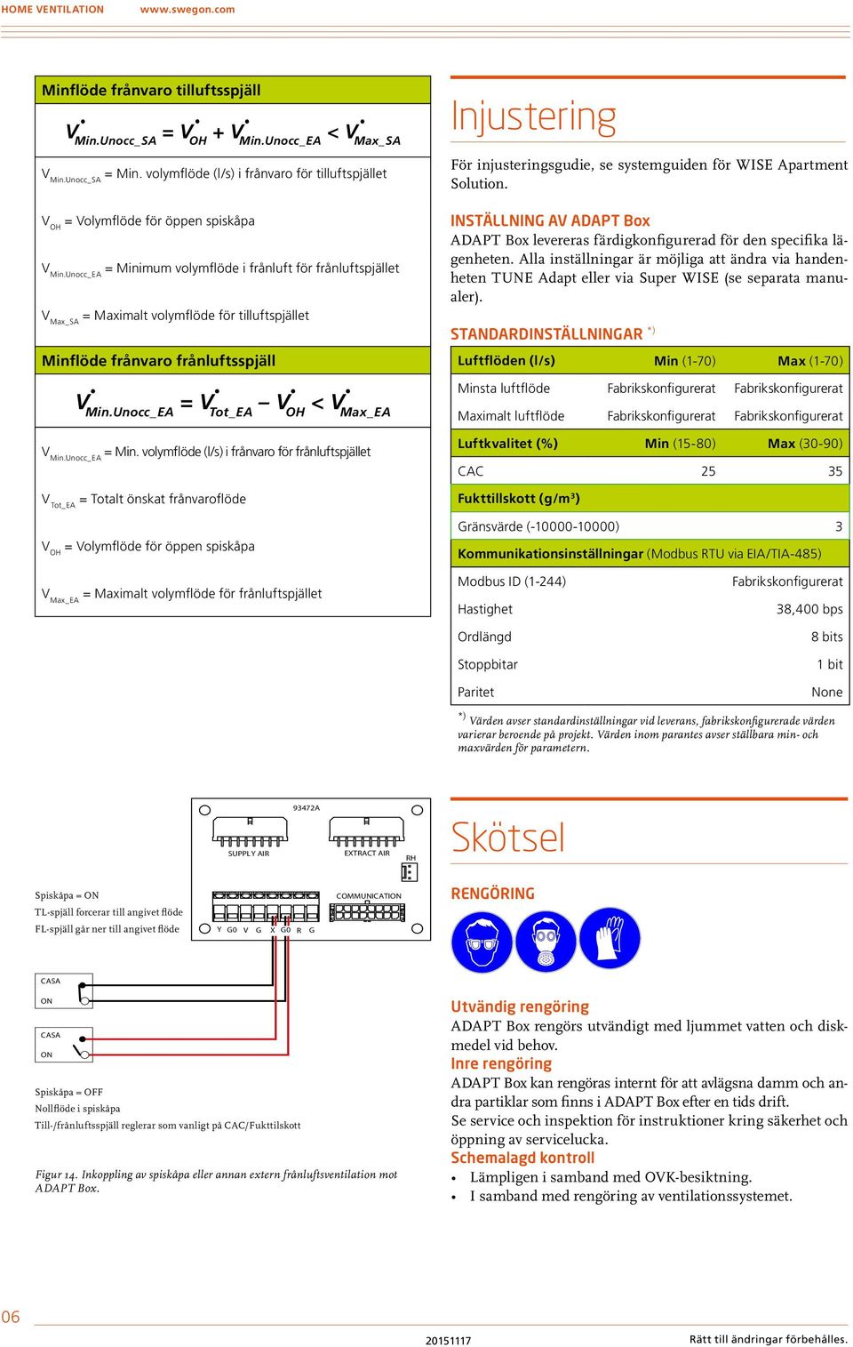 Unocc_EA = Minimum volymflöde i frånluft för frånluftspjället V Max_SA = Maximalt volymflöde för tilluftspjället Minflöde frånvaro frånluftsspjäll V Min.Unocc_EA = V Tot_EA V OH < V Max_EA V Min.
