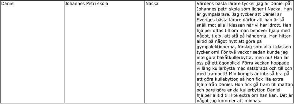 Han hittar alltid på något nytt att göra på gympalektionerna, förslag som alla i klassen tycker om! För två veckor sedan kunde jag inte göra bakåtkullerbytta, men nu! Han lär oss på ett ögonblick!