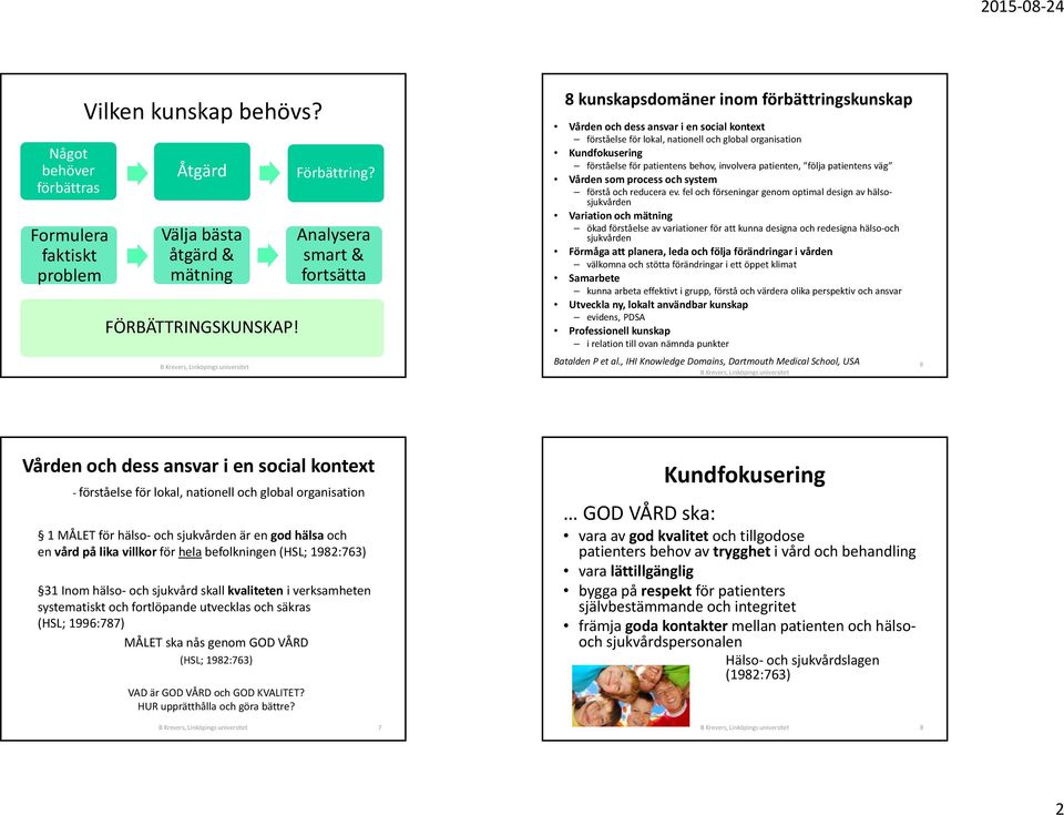 för patientens behov, involvera patienten, följa patientens väg Vården som process och system förstå och reducera ev.