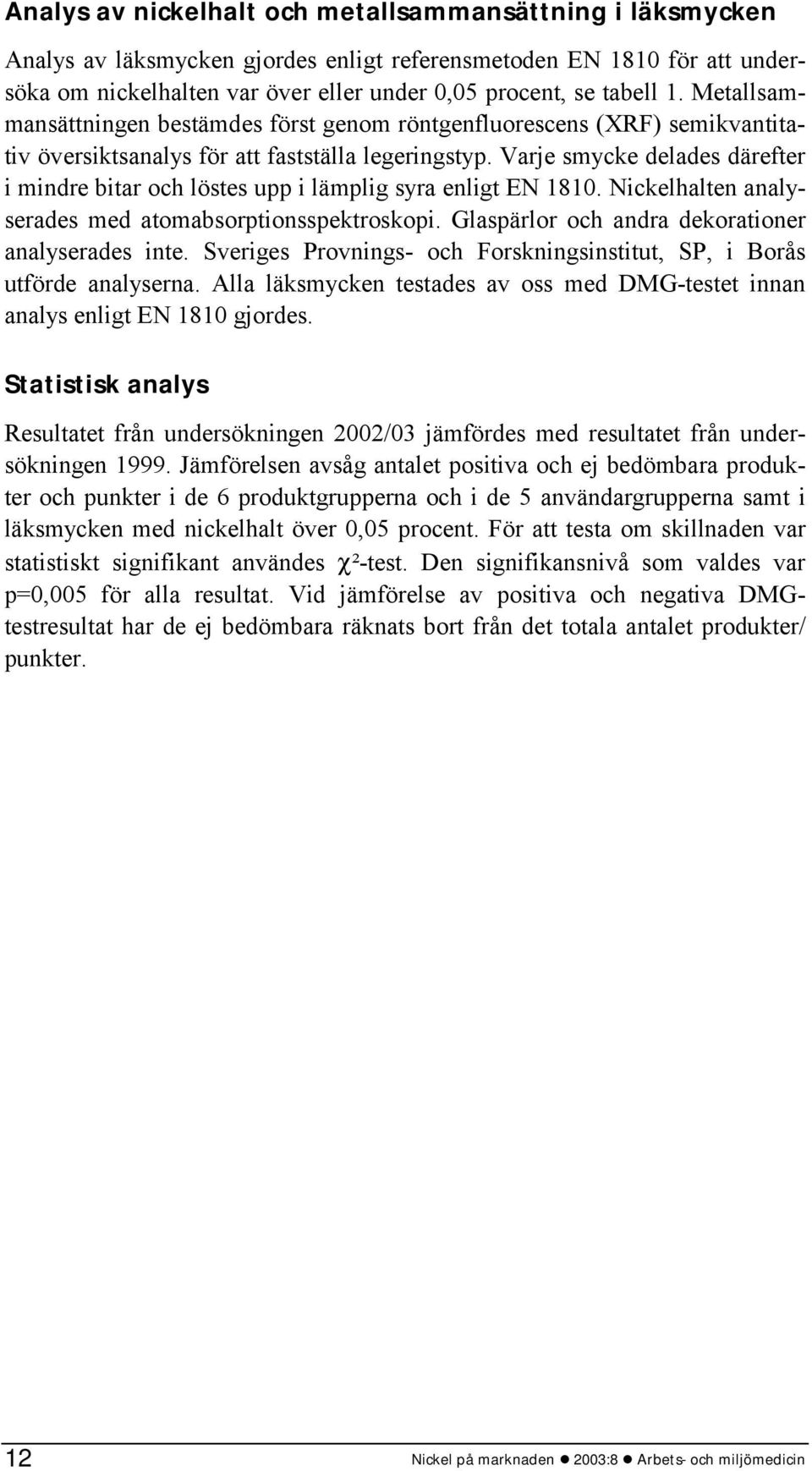 Varje smycke delades därefter i mindre bitar och löstes upp i lämplig syra enligt EN 1810. Nickelhalten analyserades med atomabsorptionsspektroskopi.