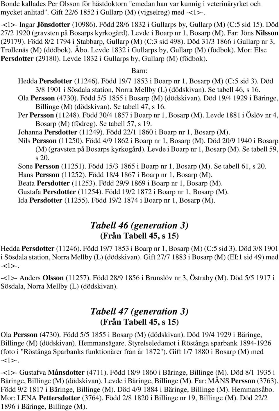 Född 8/2 1794 i Stabbarp, Gullarp (M) (C:3 sid 498). Död 31/3 1866 i Gullarp nr 3, Trollenäs (M) (dödbok). Åbo. Levde 1832 i Gullarps by, Gullarp (M) (födbok). Mor: Else Persdotter (29180).