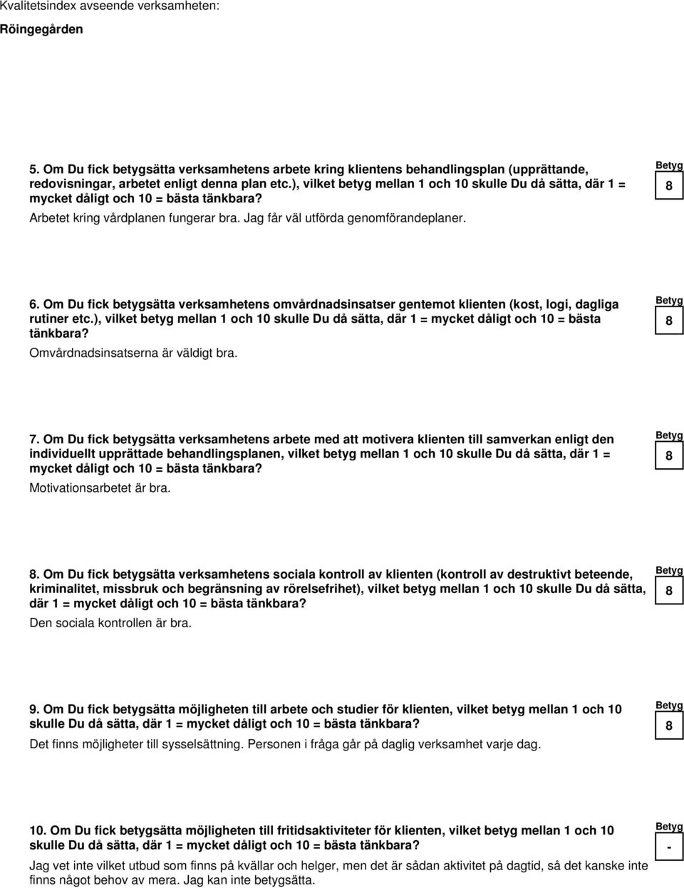 Om Du fick betygsätta verksamhetens omvårdnadsinsatser gentemot klienten (kost, logi, dagliga rutiner etc.