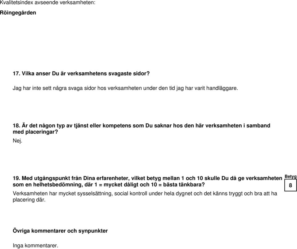 Med utgångspunkt från Dina erfarenheter, vilket betyg mellan 1 och 10 skulle Du då ge verksamheten som en helhetsbedömning, där 1 = mycket dåligt och 10