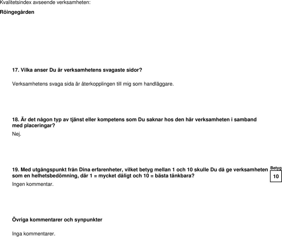 Med utgångspunkt från Dina erfarenheter, vilket betyg mellan 1 och 10 skulle Du då ge verksamheten som en