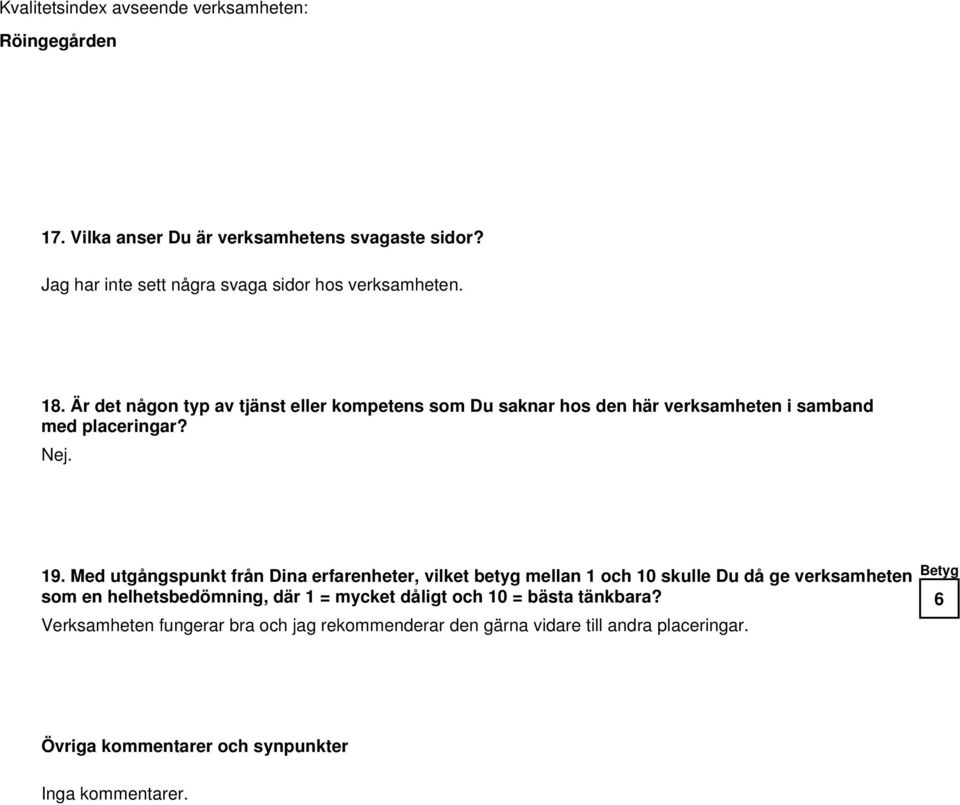 Med utgångspunkt från Dina erfarenheter, vilket betyg mellan 1 och 10 skulle Du då ge verksamheten som en helhetsbedömning, där 1 =
