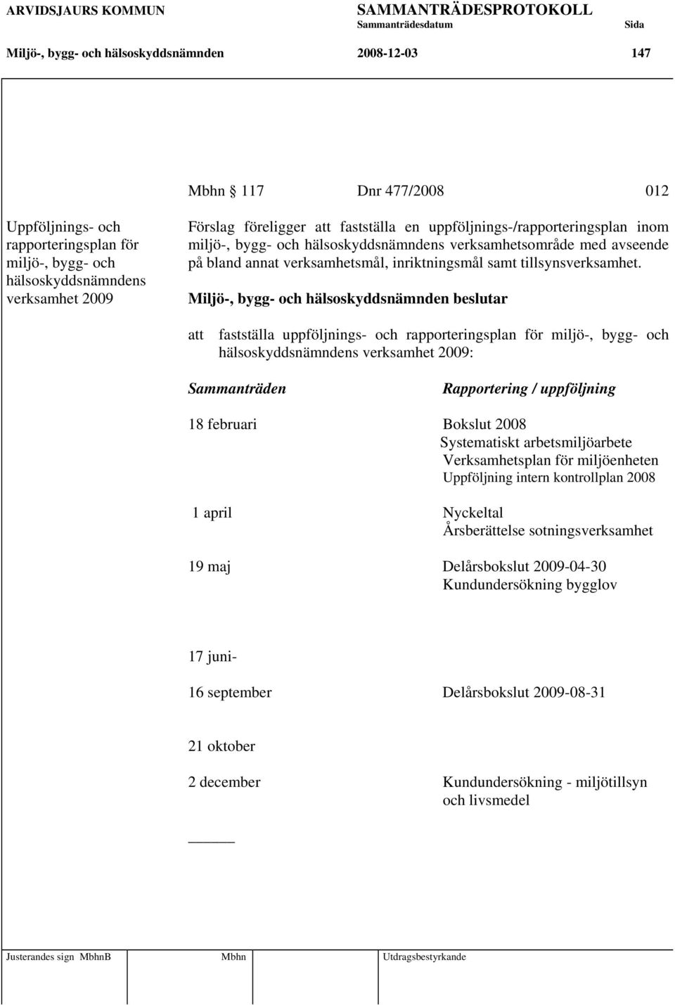 att fastställa uppföljnings- och rapporteringsplan för miljö-, bygg- och hälsoskyddsnämndens verksamhet 2009: Sammanträden Rapportering / uppföljning 18 februari Bokslut 2008 Systematiskt