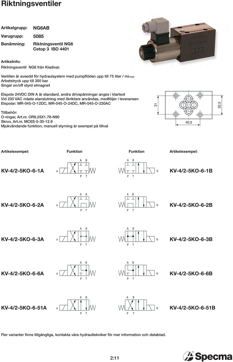 VC måste elnslutning med likriktre nvänds, medföljer i levernsen Elspolr: MR-045-O-12DC, MR-045-O-24DC, MR-045-O-230C illehör: O-ringr, rt.nr. OR9.25X1.78-N90 Skruv, rt.nr. MC6S-5-30-12.