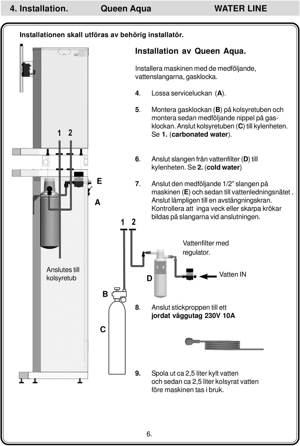 Anslut slangen från vattenfilter (D) till kylenheten. Se 2. (cold water) E A 7. Anslut den medföljande 1/2 slangen på maskinen (E) och sedan till vattenledningsnätet.