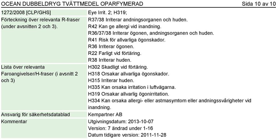 R37/38 Irriterar andningsorganen och huden. R42 Kan ge allergi vid inandning. R36/37/38 Irriterar ögonen, andningsorganen och huden. R41 Risk för allvarliga ögonskador. R36 Irriterar ögonen.