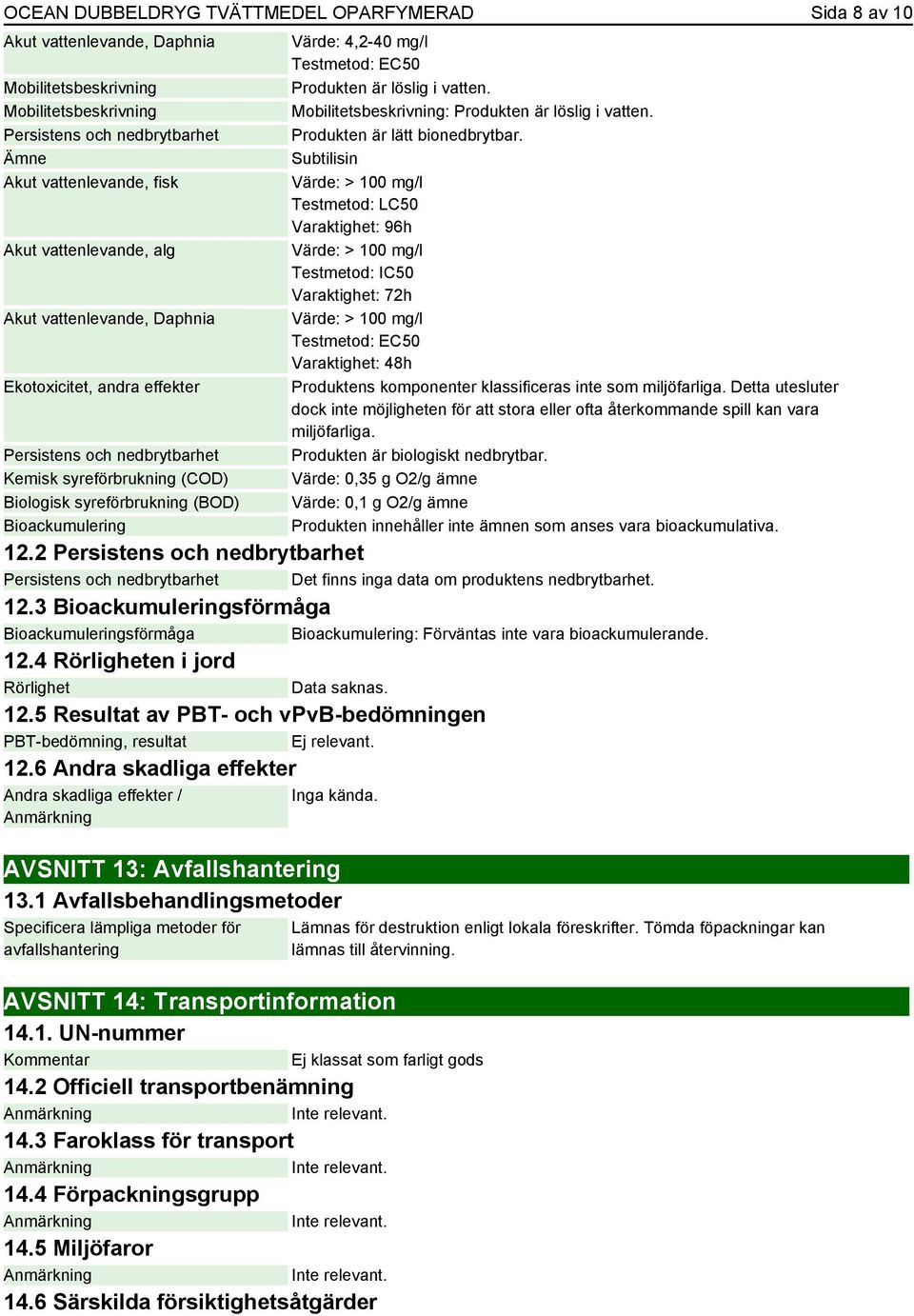 Produkten är lätt bionedbrytbar.