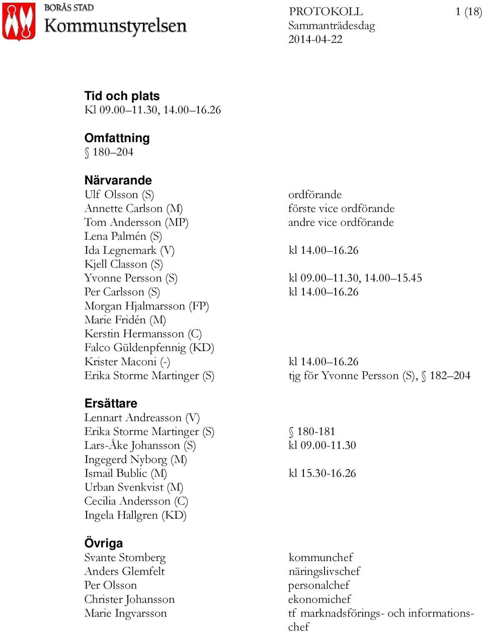 26 Kjell Classon (S) Yvonne Persson (S) kl 09.00 11.30, 14.00 15.45 Per Carlsson (S) kl 14.00 16.