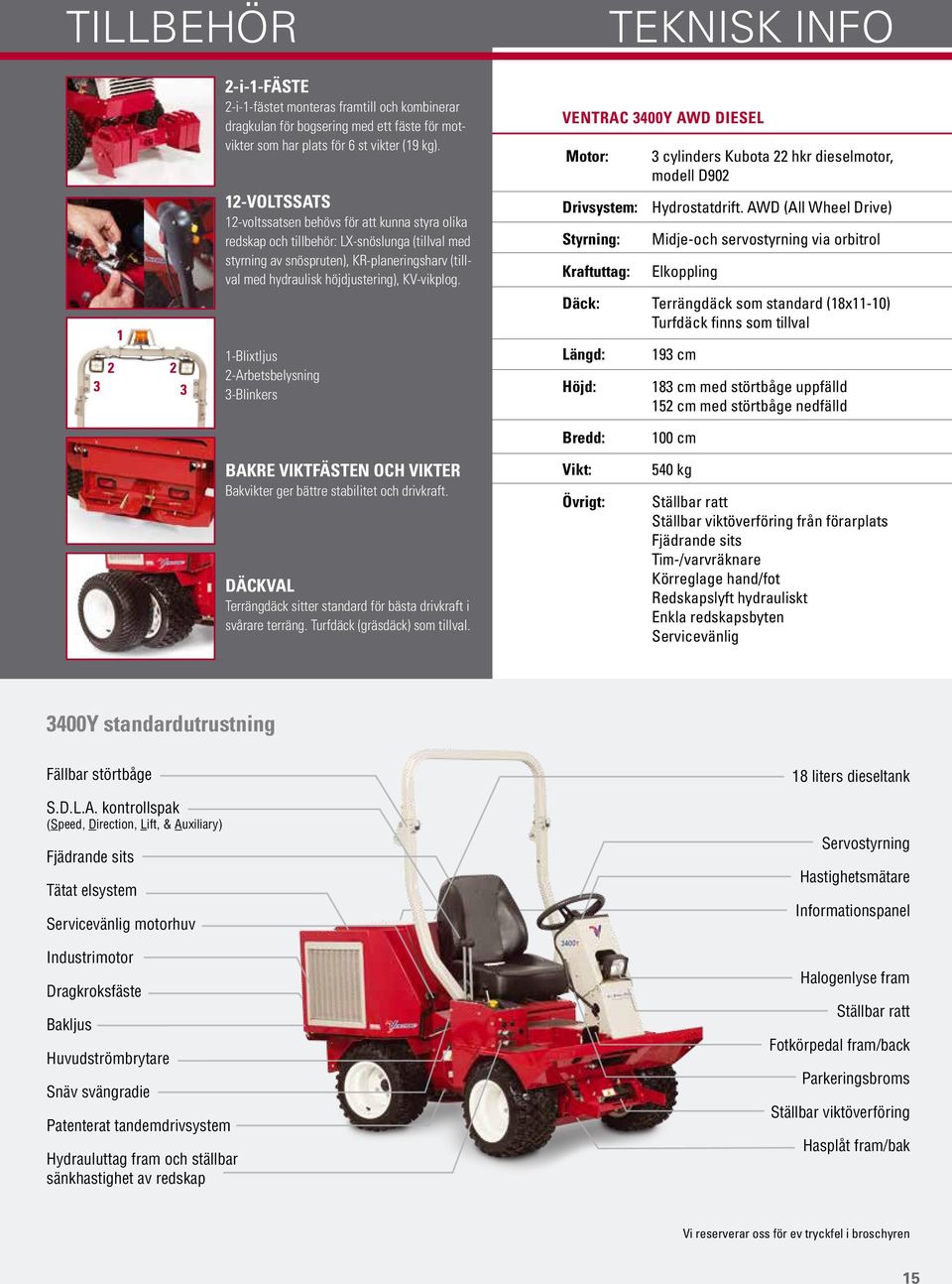 KV-vikplog. 1-Blixtljus 2-Arbetsbelysning 3-Blinkers VENTRAC 3400Y AWD DIESEL Motor: 3 cylinders Kubota 22 hkr dieselmotor, modell D902 Drivsystem: Hydrostatdrift.